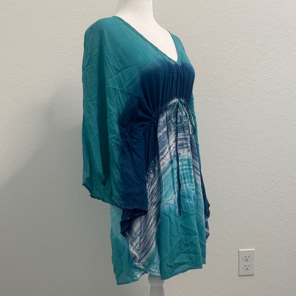 Teal and Navy Ombre V-Neck Tie-Front Tunic